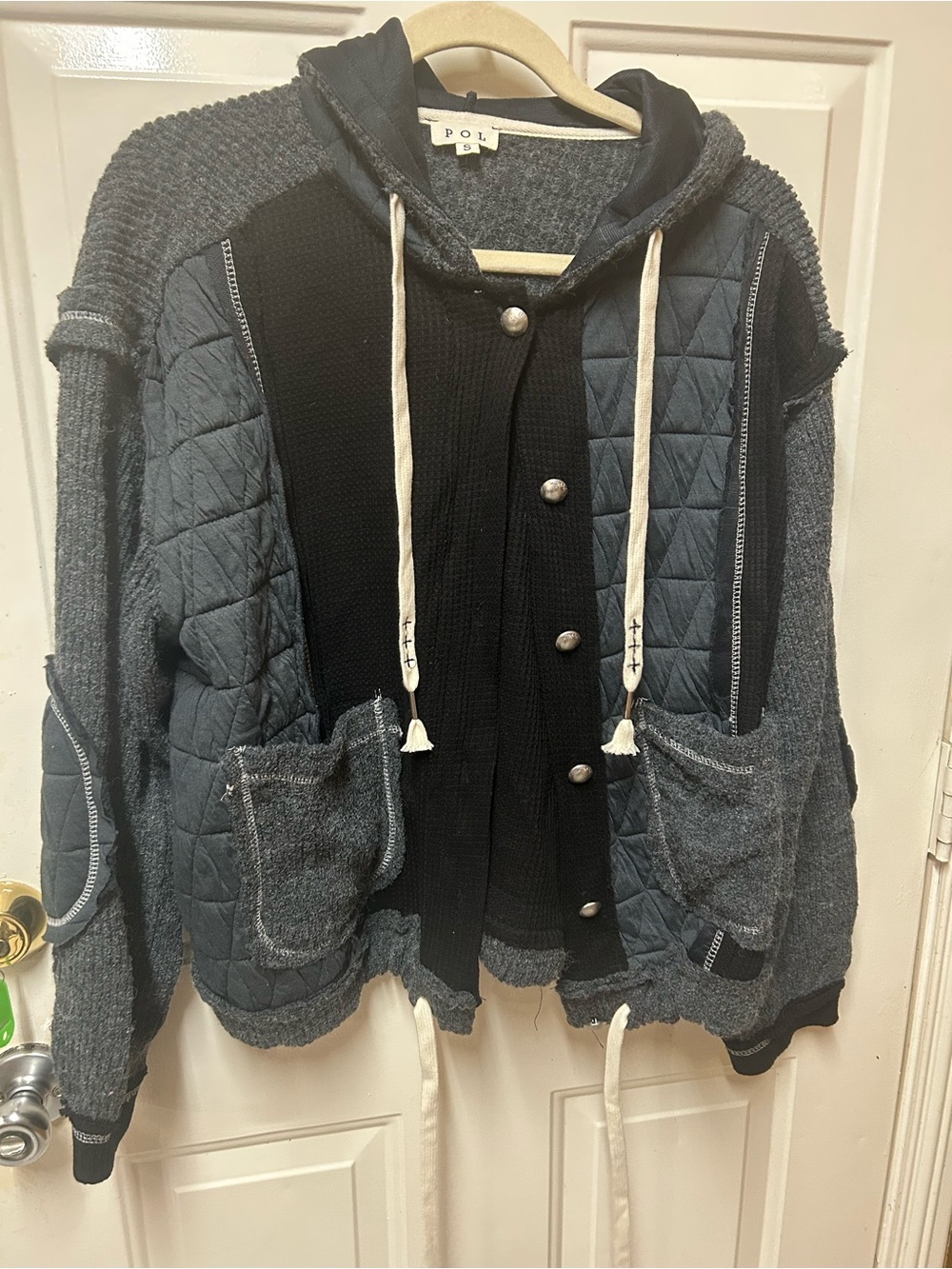 POL Quilted Knit Hooded Jacket in Black and Charcoal NWT